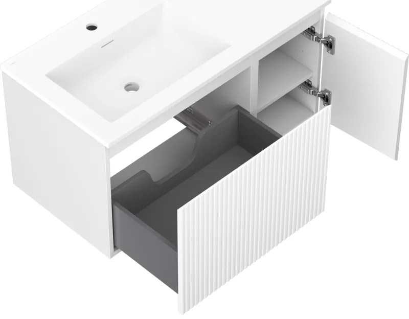 Mexen Rivel, kúpeľňová skrinka 90 cm s umývadlom Otis vľavo, 1S, 1D, drážkovaná, biela matná, 91A23-09047-3-BBFF01-W18L01