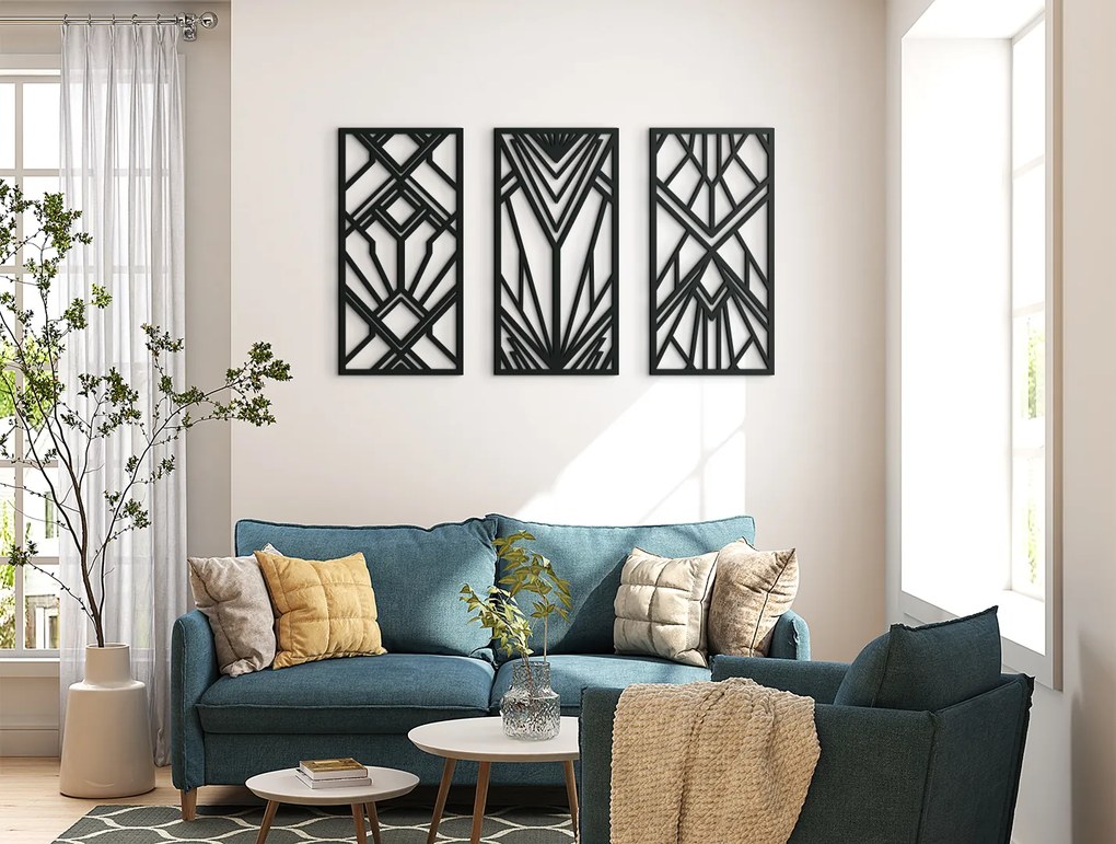 drevko 3-dielny abstraktný obraz Geometrické tvary Rozmer obrazu: 37 x 65 cm, Farba dekorácie: Čierna