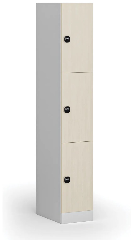 Šatníková skrinka s úložnými boxmi, 3 boxy, 1850 x 300 x 500 mm, zámok s čítačkou RFID kariet, laminované dvere, breza