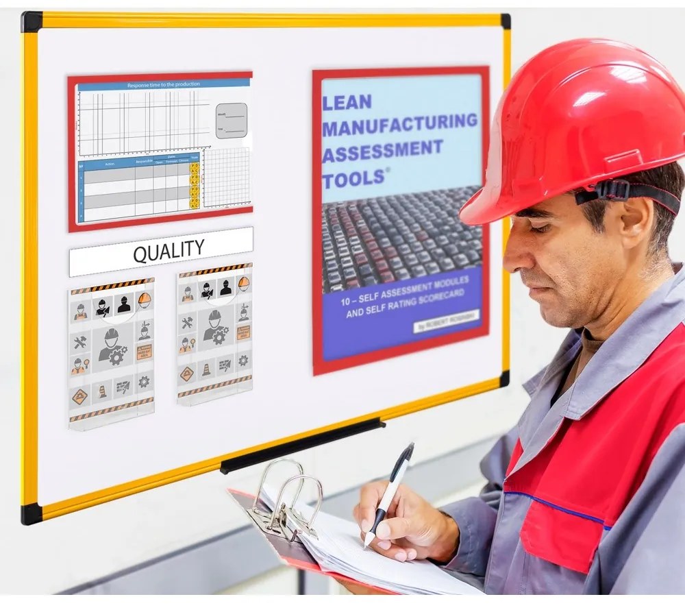 Biela popisovacia tabuľa na stenu, magnetická, žltý rám, 1200 x 900 mm