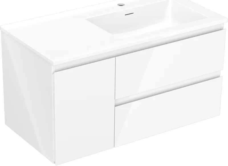 Mexen Orio, kúpeľňová skrinka 90 cm s pravým umývadlom Otis, 2S, 1D, biela lesklá, 91A13-09047-3-BBFFF00-W18P00