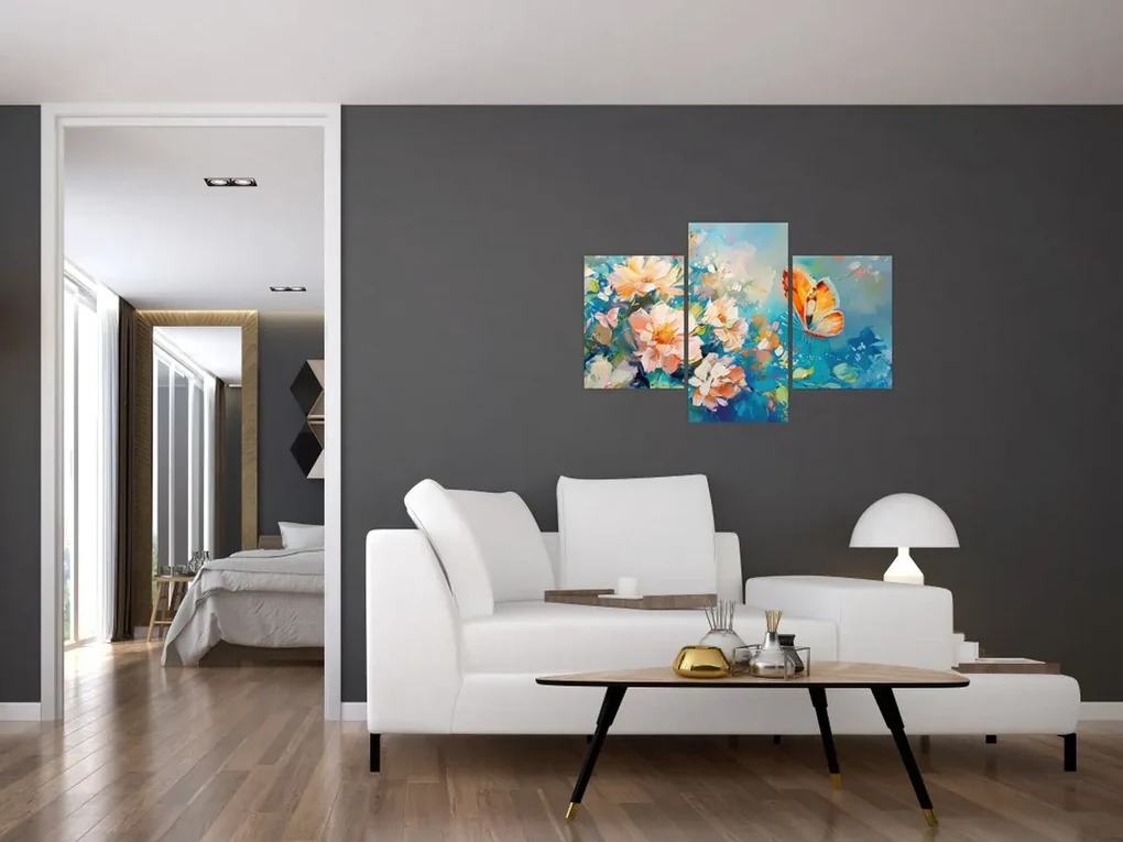 Obraz - Motýľ a kvety, olejomaľba II. (90x60 cm)