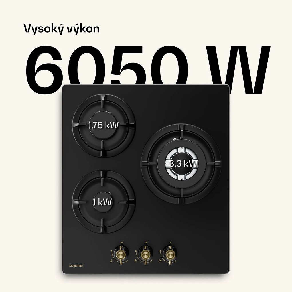 Klarstein Victoria plynová varná doska | 3 hliníkové horáky | kompatibilné so zemným plynom a LPG | 6050 W | 45 cm