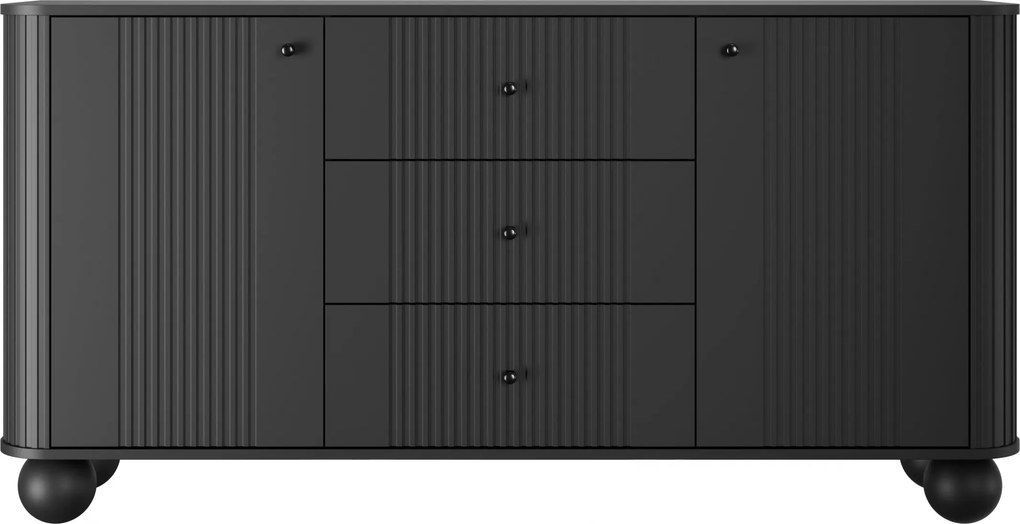 Komoda Vesper 160 cm so zásuvkami na guľatých nohách - čierna / čierne úchytky