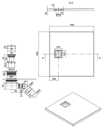 Cersanit Tako Slim, Štvorcová sprchová vanička 90x90x4 cm + šedý sifón, šedá matná, S932-162