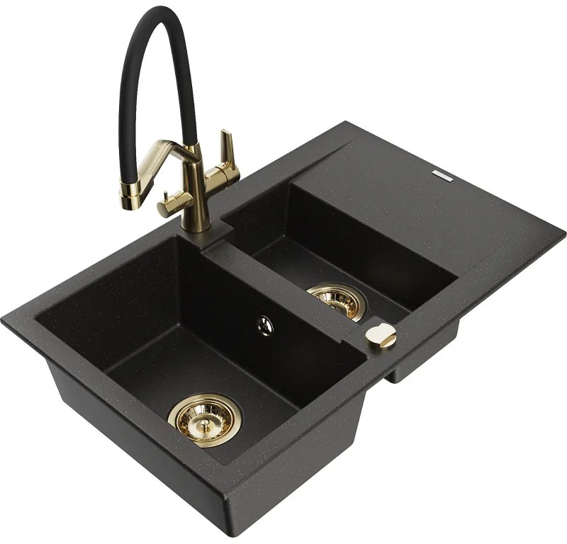 Mexen Gaspar, granitový drez 737x475x177 mm, 1,5-komorový a drezová batéria Duo, čierna-zlatá metalíza, 6507-75-671701-57-G