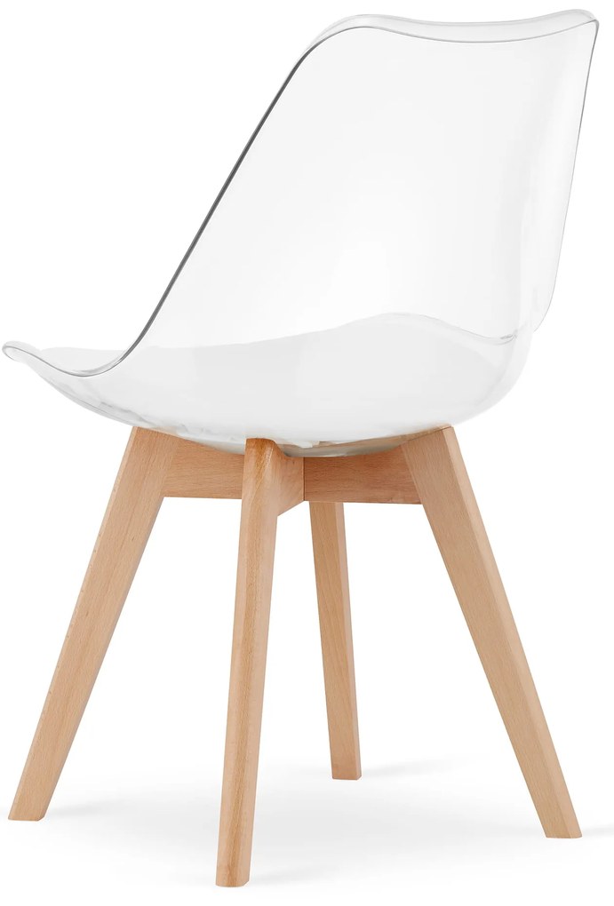 Jedálenský set 1 + 4, biely stôl ADRIA 120x80 cm + transparentné stoličky BALI MARK s bukovými nohami