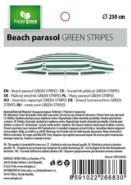 Slnečník plážový 230 cm, HAPPY GREEN, zelené pruhy