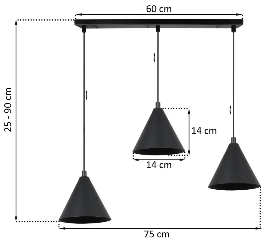 Závesné svietidlo Soho, 3x čierne kovové tienidlo, (fi 14cm)