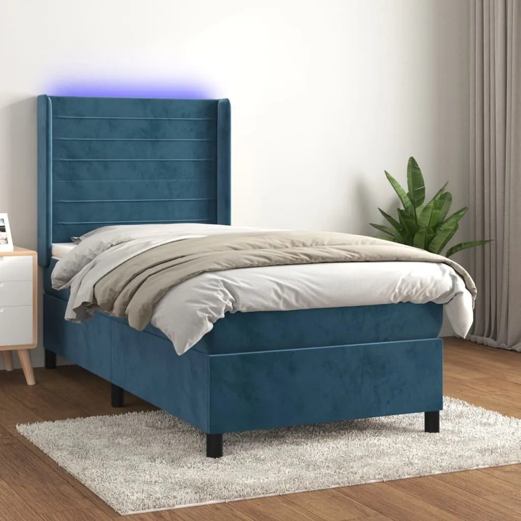 Posteľný rám boxsping matrac a LED tmavomodrý 100x200 cm zamat