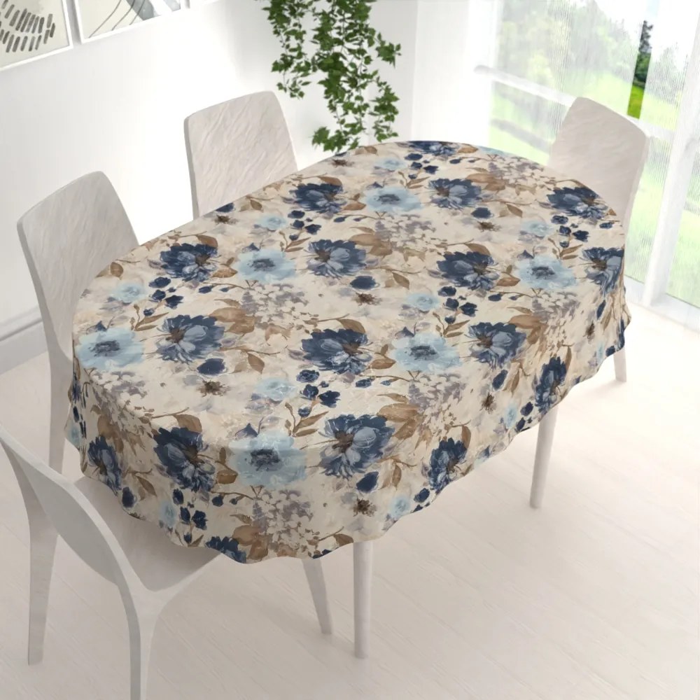 Biante Dekoračný oválny obrus Parma PM-113 Modré kvety na smotanovom 50x100 cm