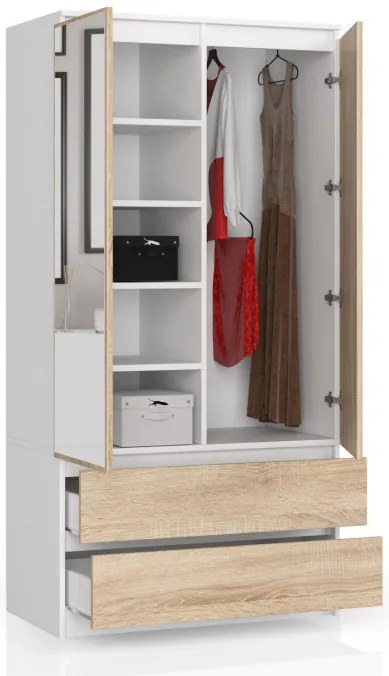 Skriňa S 90 cm 2D 2SZ 2 zrkadlá CLP biela / sonoma