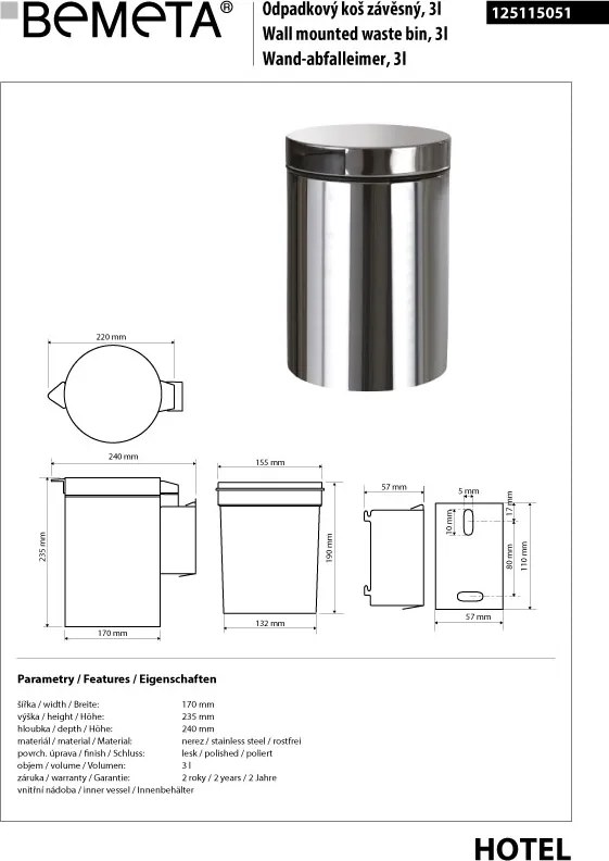Bemeta Design Odpadkový kôš, 3 l, nerez, lesk - 125115051