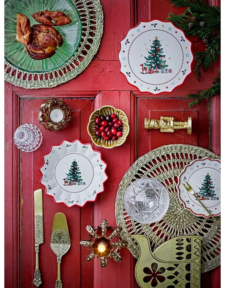 Červeno-krémový servírovací keramický tanier s vianočným motívom ø 17 cm Naive – Bloomingville