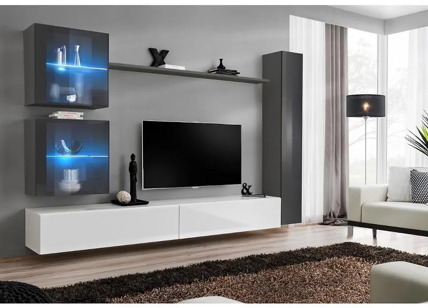 Obývacia stena Switch XVIII Sklo +LED Grafit/Biely