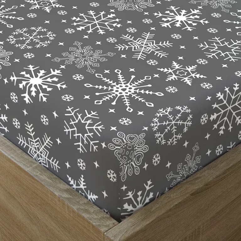 Goldea vianočná bavlnená napínacie plachta - vzor snehové vločky na sivom 90 x 200 cm