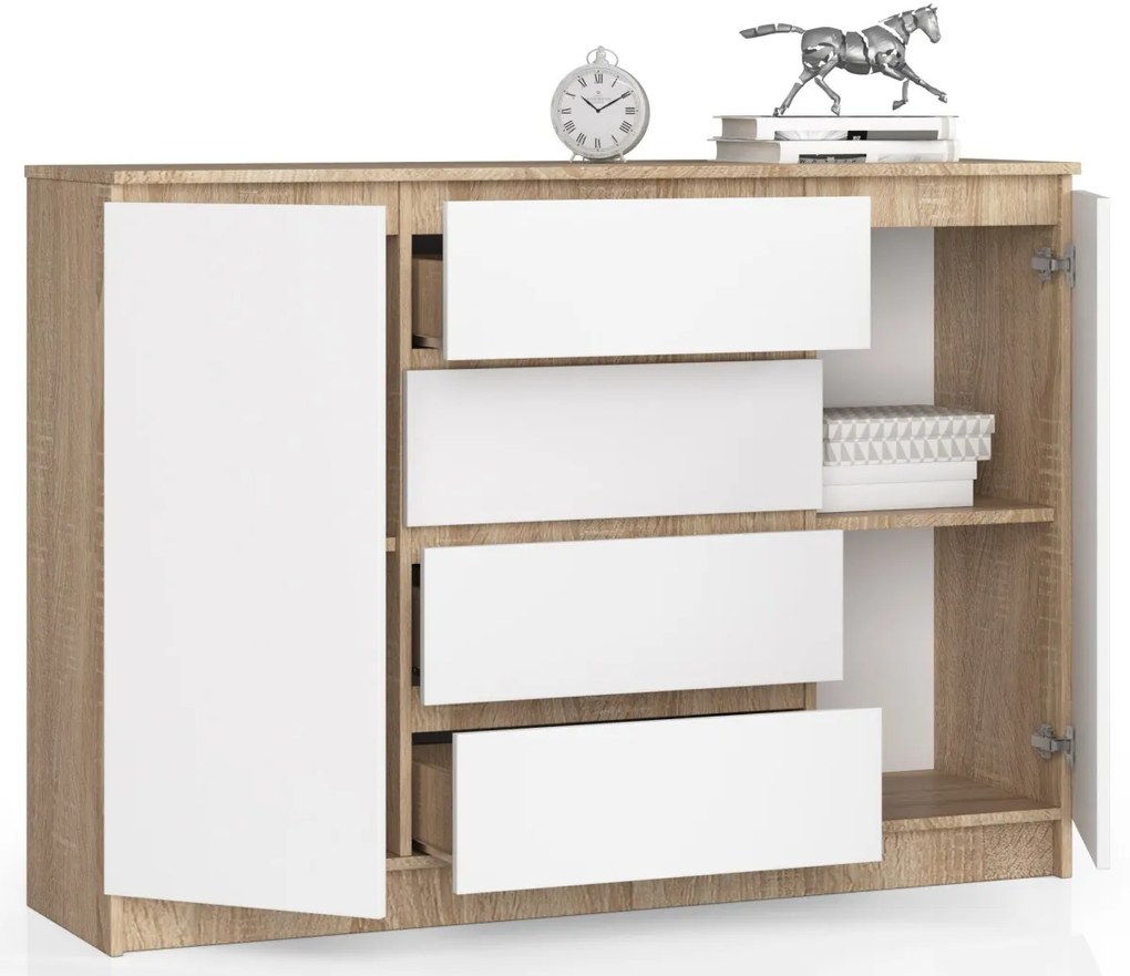 Komoda Kryštof 140 cm 2 skrinky a 4 zásuvky dub sonoma/biela