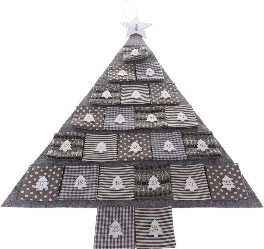 Sivý textilný adventný kalendár v tvare stromčeka, dĺžka 78 cm