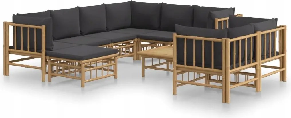 vidaXL 10-dielna sada záhradného nábytku, tmavošedé vankúše, bambus