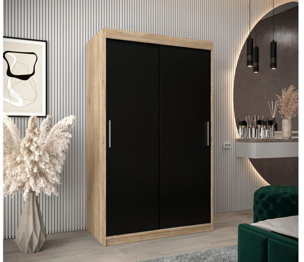 Šatníková skriňa 120 cm Toki (Dub sonoma + Čierna matná). Akcia -50%. Vlastná spoľahlivá doprava až k Vám domov. 1064815