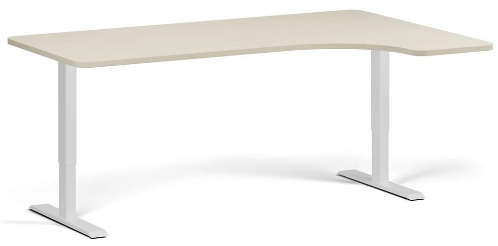 Rohový výškovo nastaviteľný stôl, 180x120 cm, 1 motor, L/P, biela podnož, breza