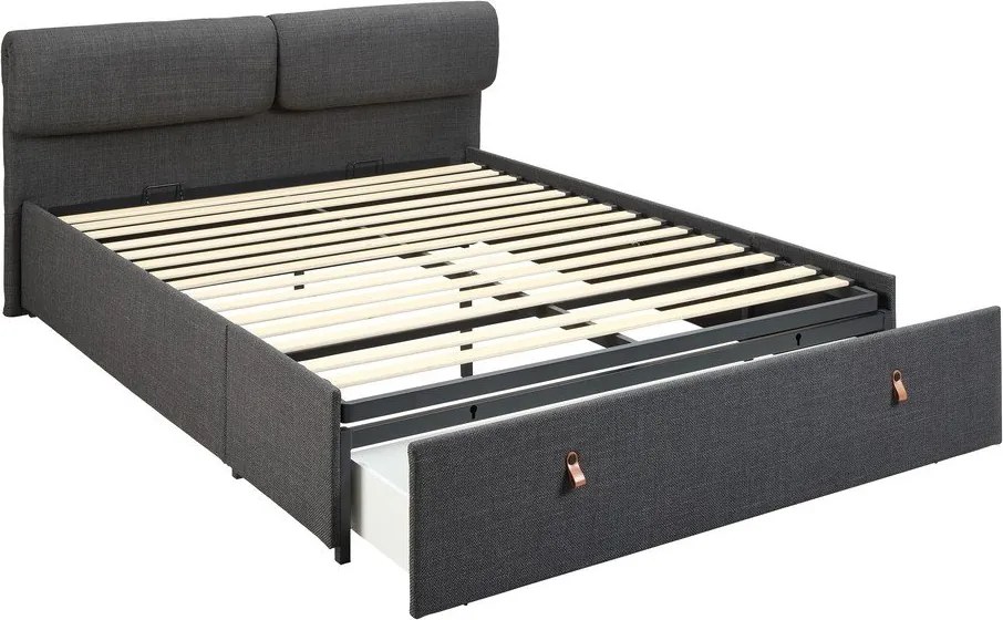 Tmavosivá čalúnená dvojlôžková posteľ s úložným priestorom s roštom 160x200 cm Calvi – Actona