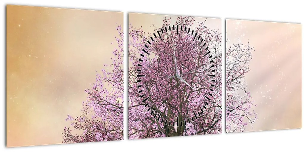 Obraz rozkvitnutého stromu na vrchole kopca (s hodinami) (90x30 cm)
