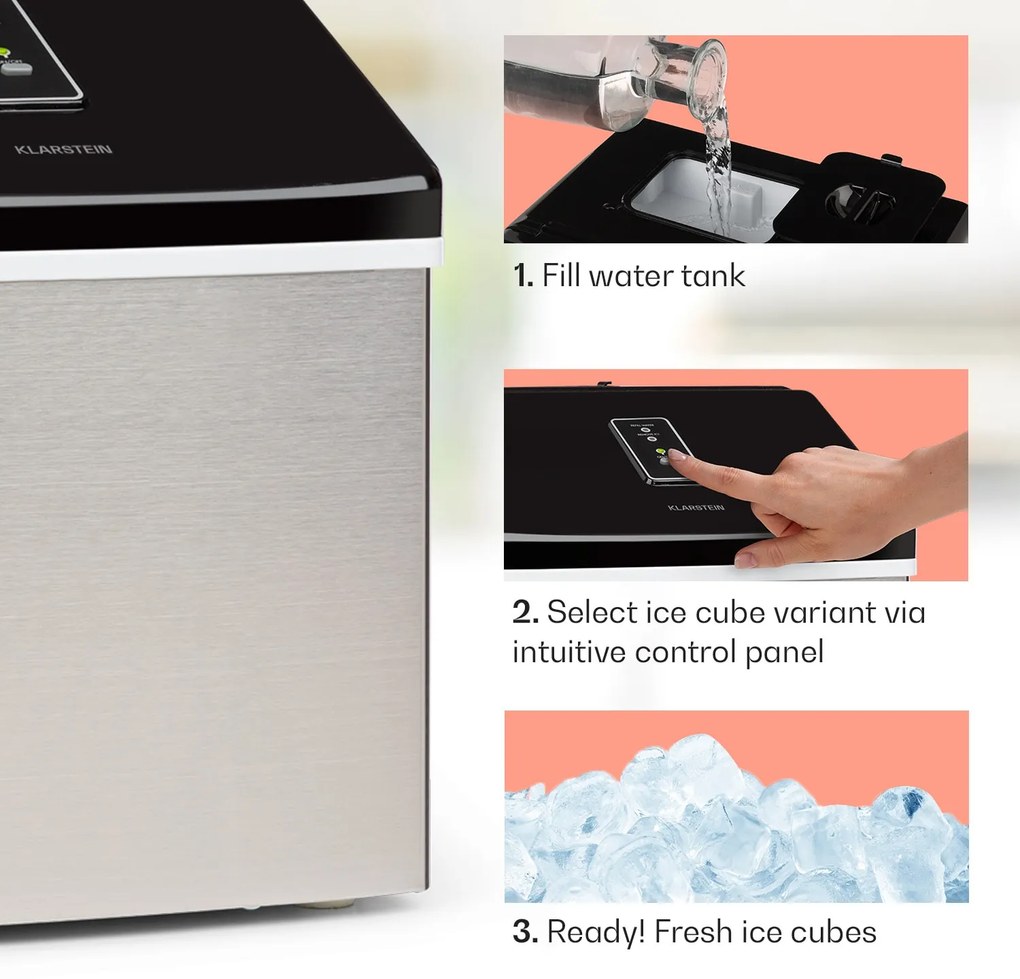 Klarstein Clearcube, výrobník ľadu, 13 kg/24 h, nehrdzavejúca oceľ, čierny
