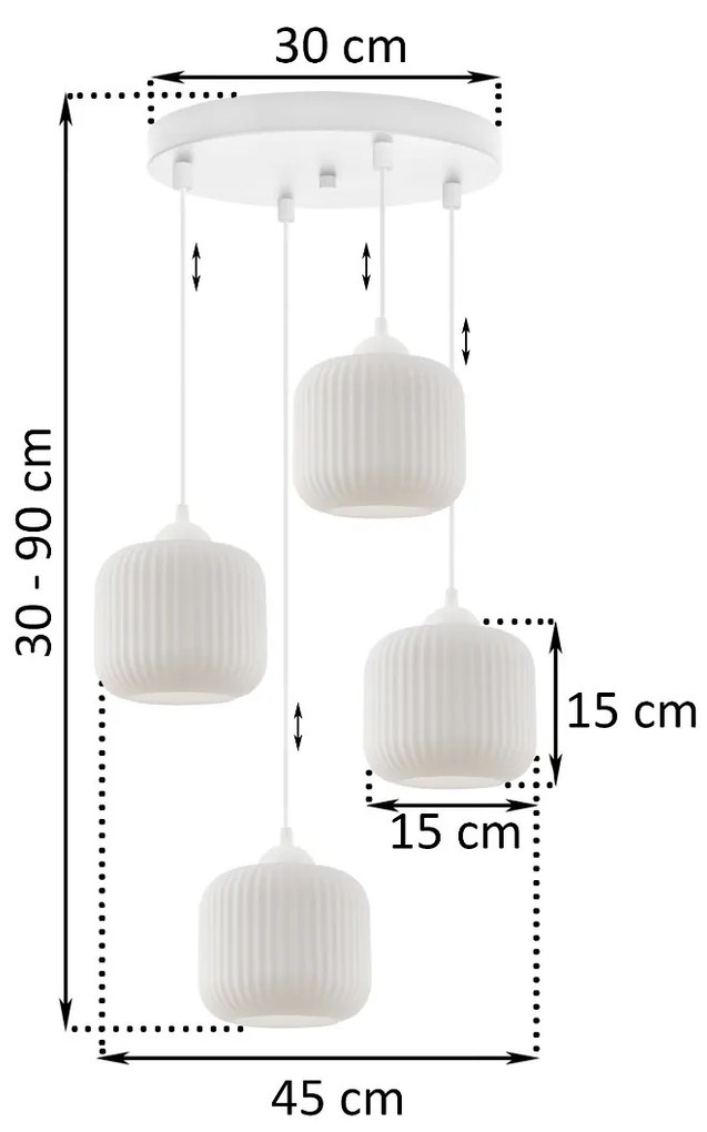 Závesné svietidlo Riffle, 4x biele sklenené tienidlo, w, o