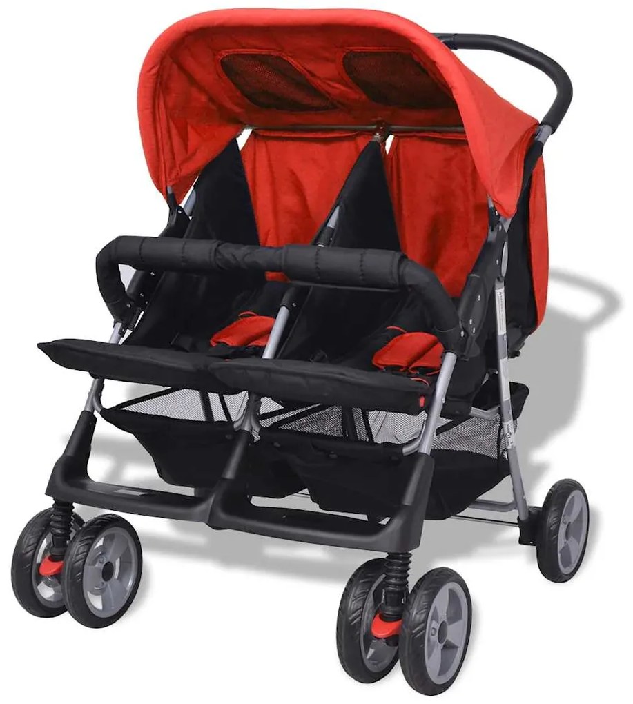 Oceľový kočík pre dvojičky, červeno-čierny