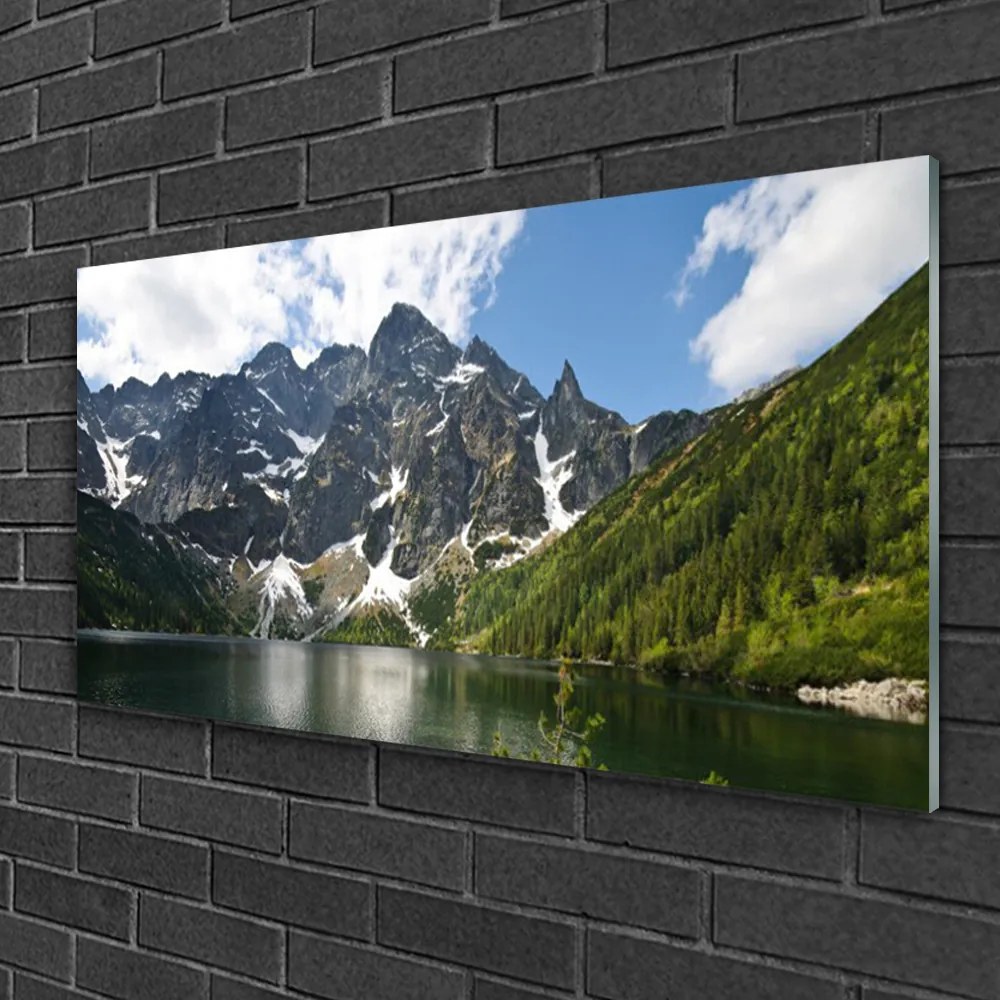 Obraz na skle Hora jazero les príroda 120x60 cm