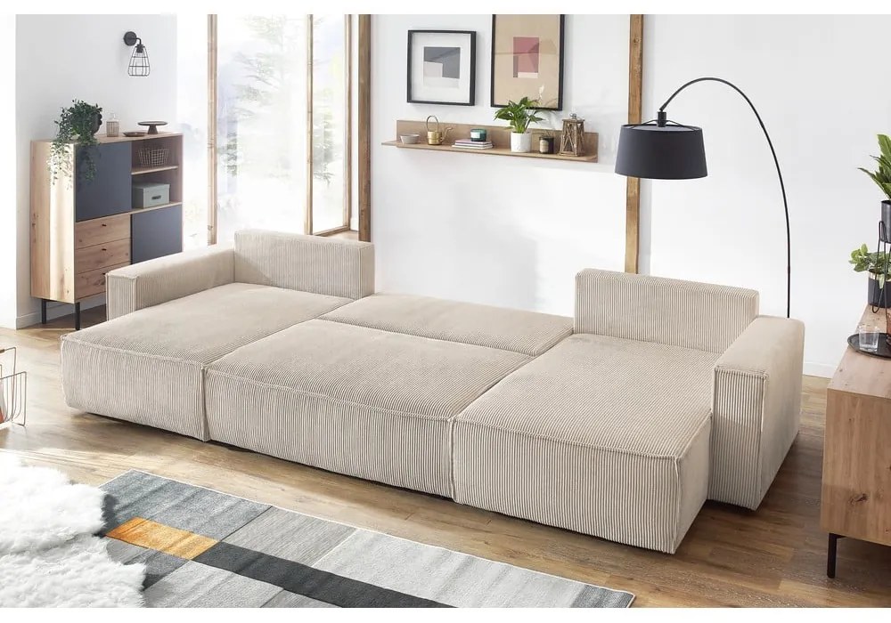 Béžová menčestrová rozkladacia rohová pohovka do "U" Nihad – Bobochic Paris