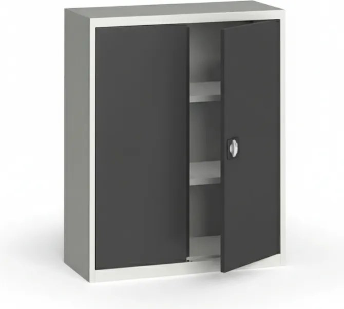 Plechová policová skriňa na náradie KOVONA, 1150 x 950 x 400 mm, 2 police, sivá/tmavo sivá