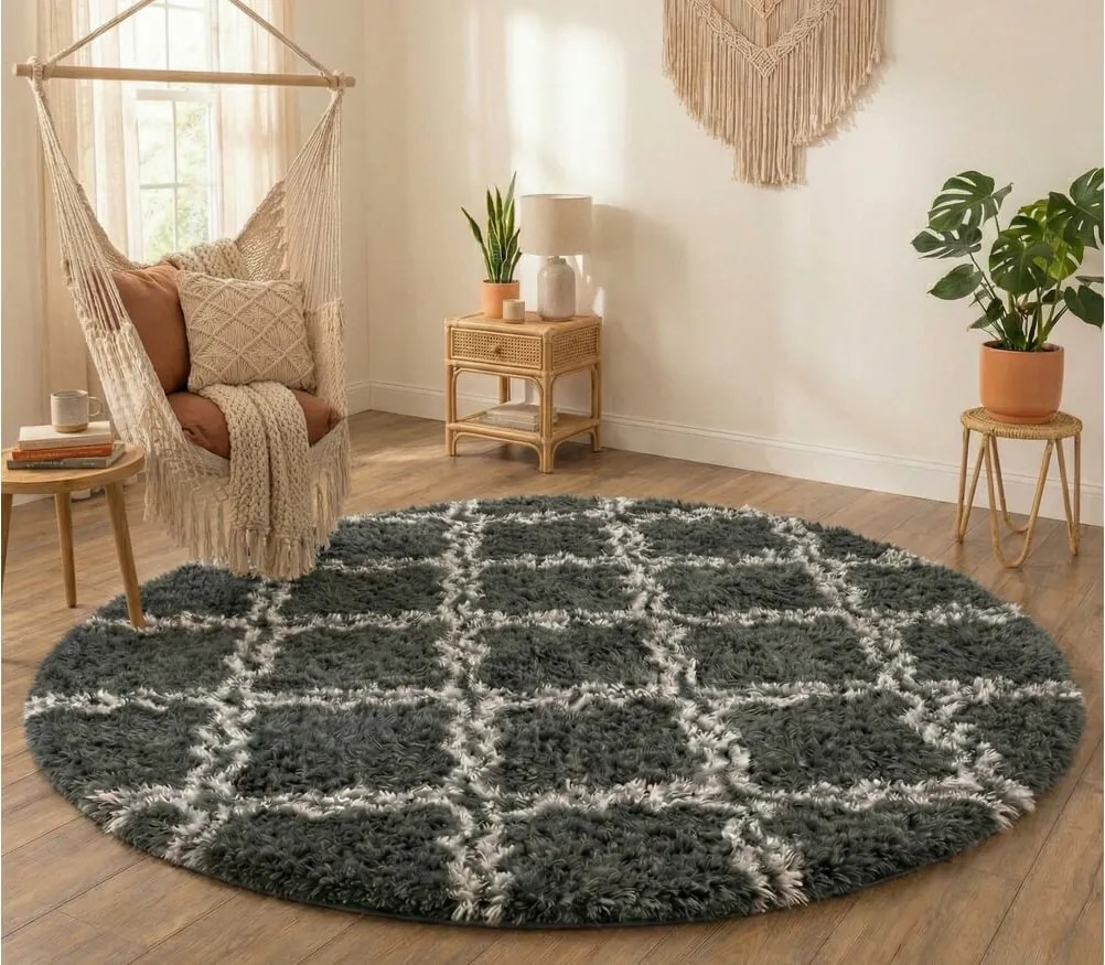 TZ Tmavosivý okrúhly vzorovaný koberec shaggy Decor Latern Rozmer: 140 cm