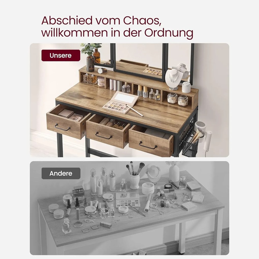 Toaletný stolík s čalúnenou stoličkou, 3 zásuvky, držiak na sušič vlasov, farba dub a čierna