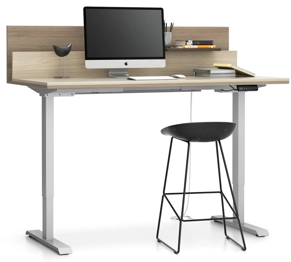 PLAN Výškovo nastaviteľný stôl SINGLE LAYERS, 160x80 cm, 2 motory, s prepážkami, dub prírodný/dub morený