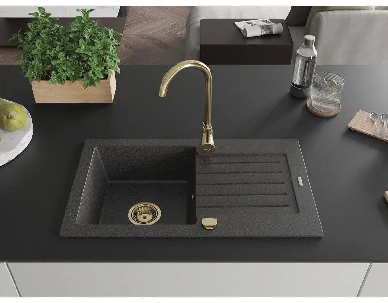 Mexen Pablo, granitový drez 752x436x161 mm, 1-komorový, čierna škvrnitá so zlatým sifónom, 6510751010-76-G