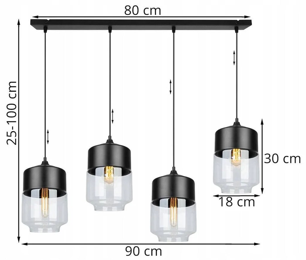 Závesné svietidlo Oslo 1, 4x čierne/transparentné sklenené tienidlo