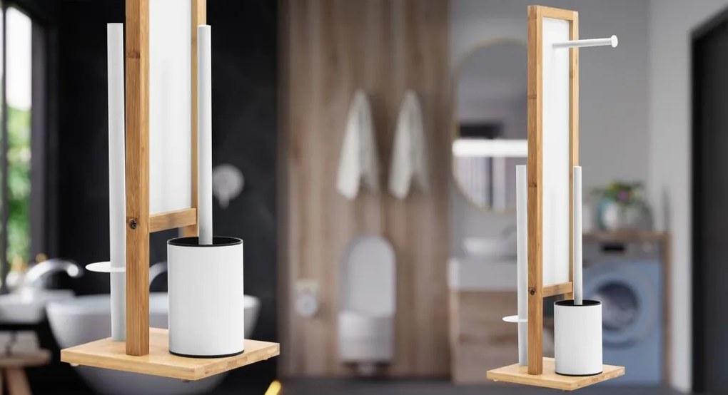 Tutumi REA - Bambusový kúpeľňový stojan na toaletný papier a kefu, White 321502, HOM-04000