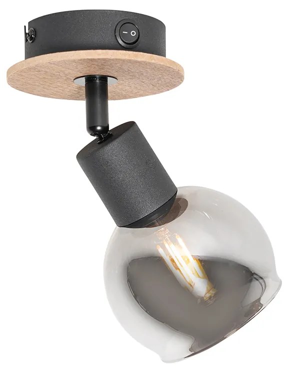 Bodové svetlo v štýle Art Deco čierne s dymovým sklom a drevom - Vidro