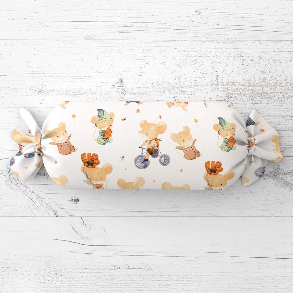 Biante Detský vankúš valec bonbon Sandra SA-611 Hravé myšky na bielom 15x80 cm
