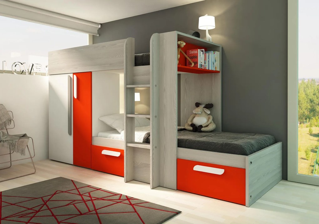 Poschodová posteľ B s prvkami v červenom odtieni
