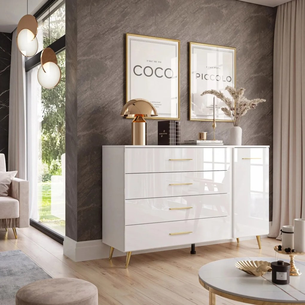 KOMODA MARION III BIELA VYSOKÝ LESK LED + ZLATÉ NOŽIČKY