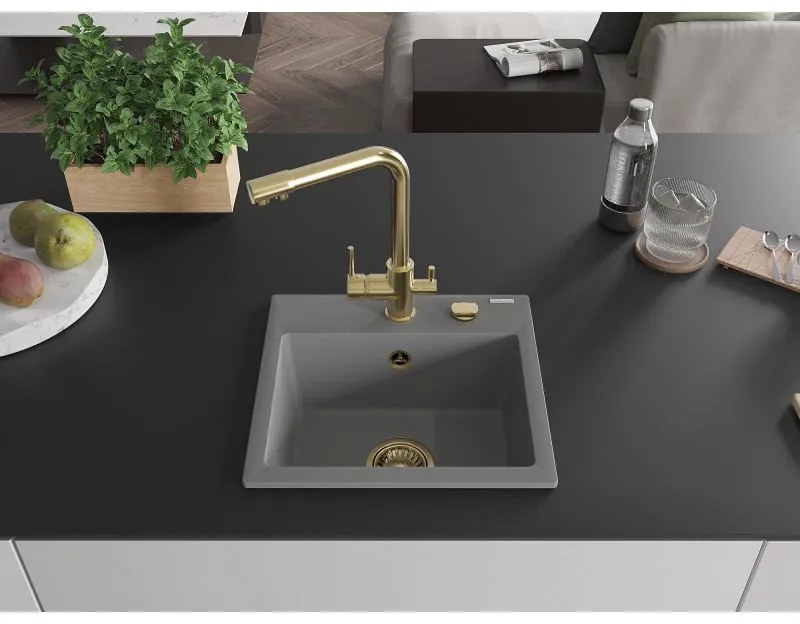 Mexen Milo, granitový drez 435x410x171 mm, 1-komorový a zlatá batéria Duero, šedá, 6505-71-671600-50