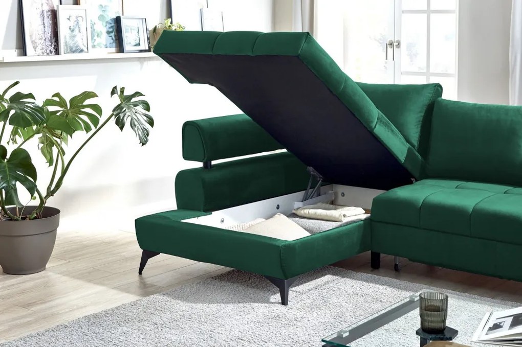 Rohová sedacia súprava Paris, tmavo zelená látka, ľavý roh