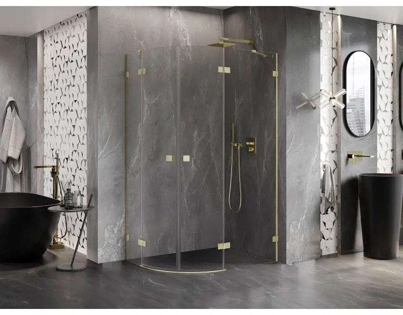 Mexen Lunar, pravý polkruhový sprchový kút 90 x 70 cm, 8mm číre sklo, zlatý matný profil, 833-090P-070L-55-00