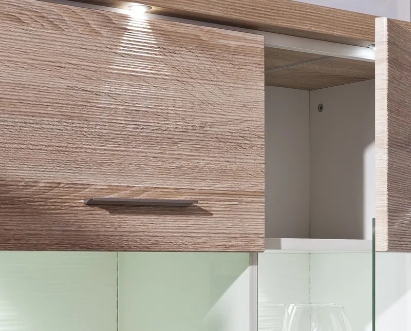 Široká vitrína Caracas typ 22, dub/biely lesk, s osvetlením