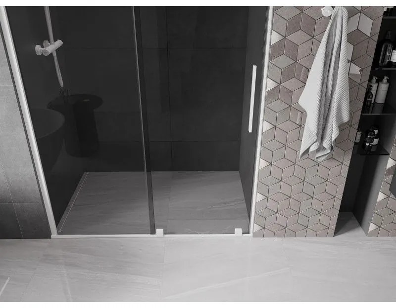 Mexen Velar, posuvné sprchové dvere do otvoru 160 cm, 8mm šedé sklo, biela matná, 871-160-000-41-20