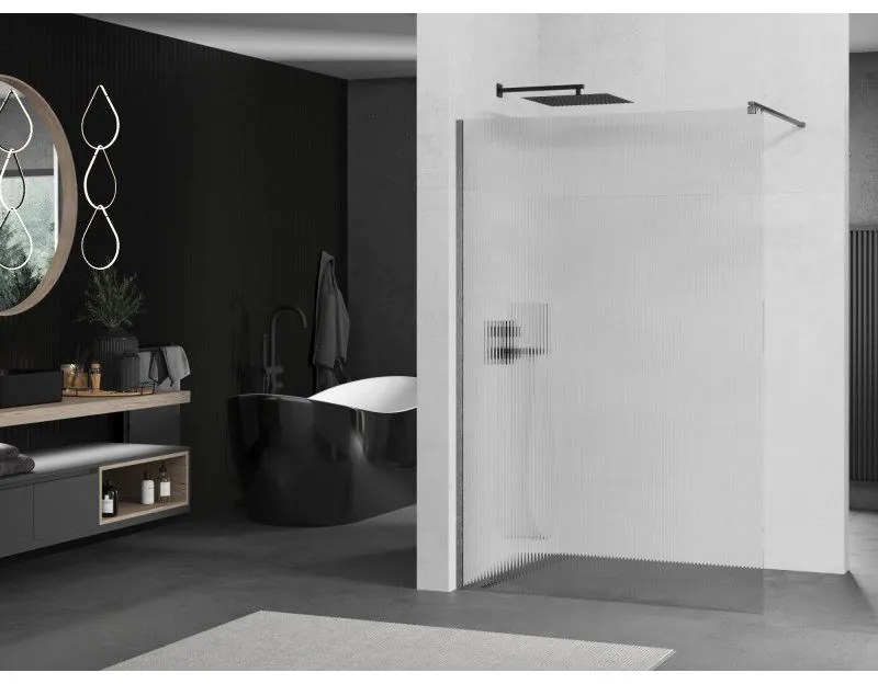 Mexen Kioto, sprchová zástena Walk-In 90 x 200 cm, 8mm sklo s rebrovým vzorom, grafitový profil, 800-090-101-66-09
