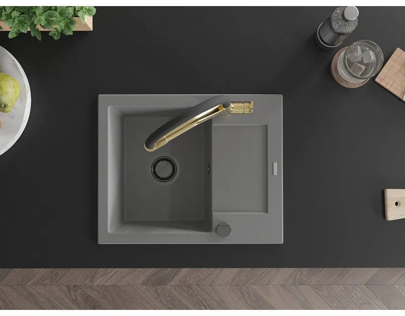 Mexen Enzo, granitový drez 576x465x174 mm, 1-komorový a drezová batéria Duo, šedá, 6506-71-671701-57-B